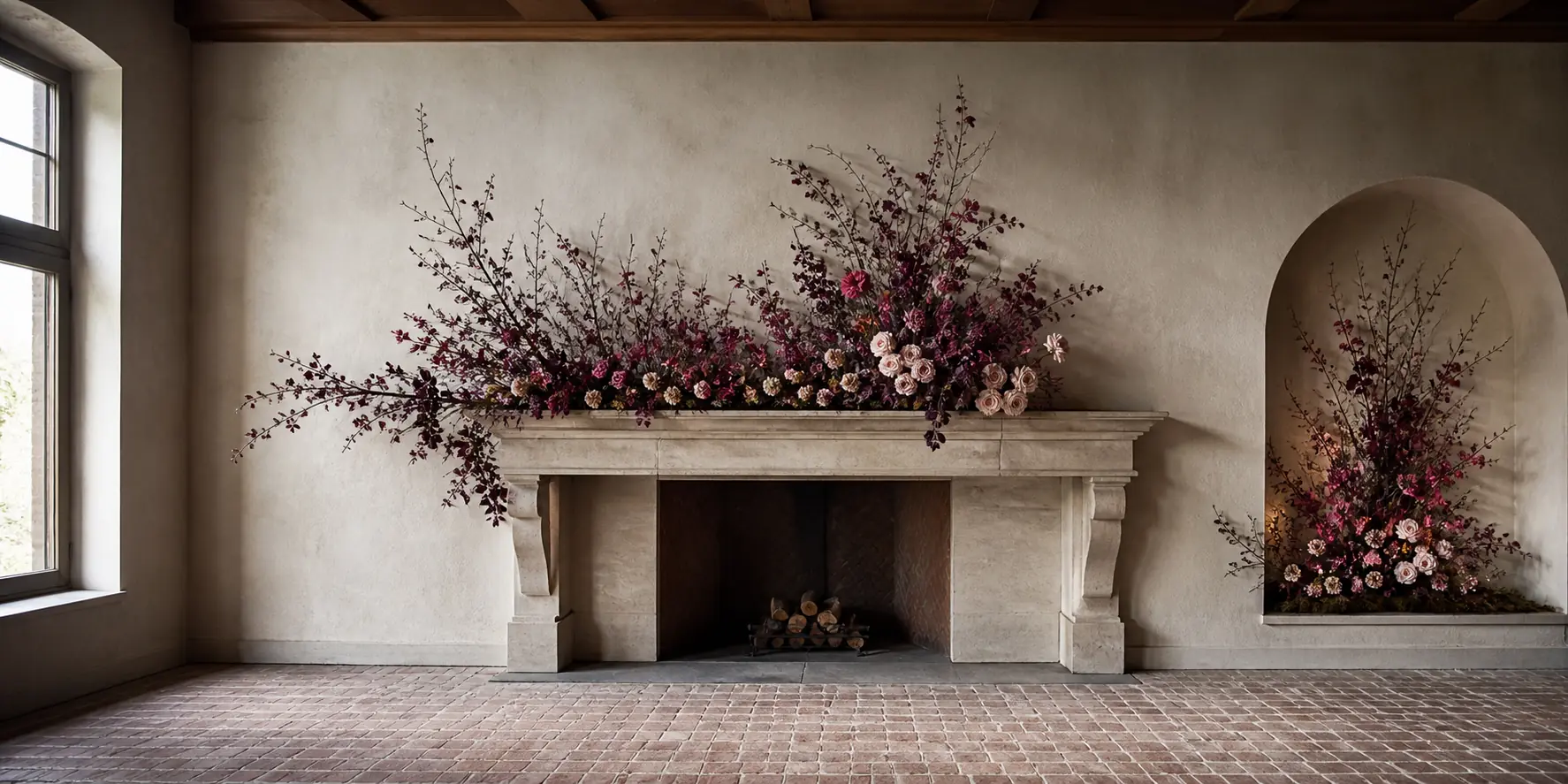 Installation florale prune et rose autour d’une cheminée et d’une niche