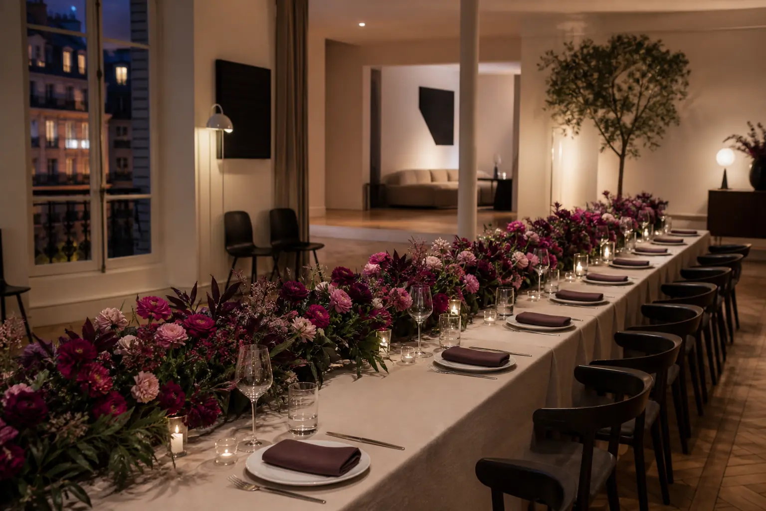 Longue table de dîner avec un chemin floral prune et rose