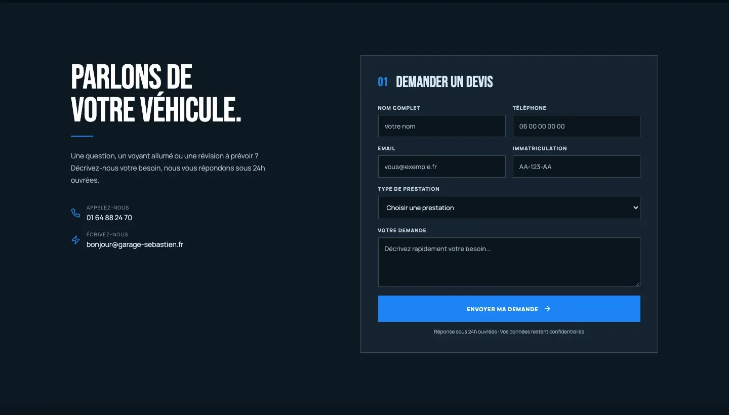 Besoin → choix visible → effet attendu : qualifier le véhicule et la demande → champs métier dans le formulaire → rappel plus informé.