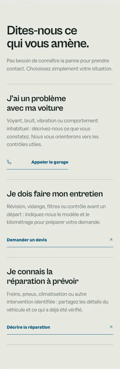 Garage Sébastien : trois situations de conduite orientent vers l’appel ou le devis