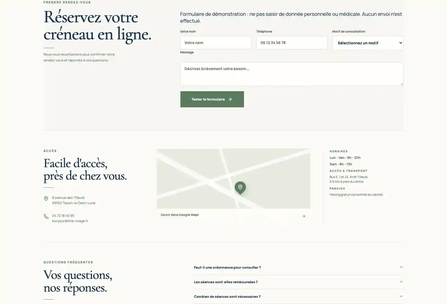 Écran mobile visible : formulaire de démonstration, accès et questions fréquentes avant le dernier appel à l’action.