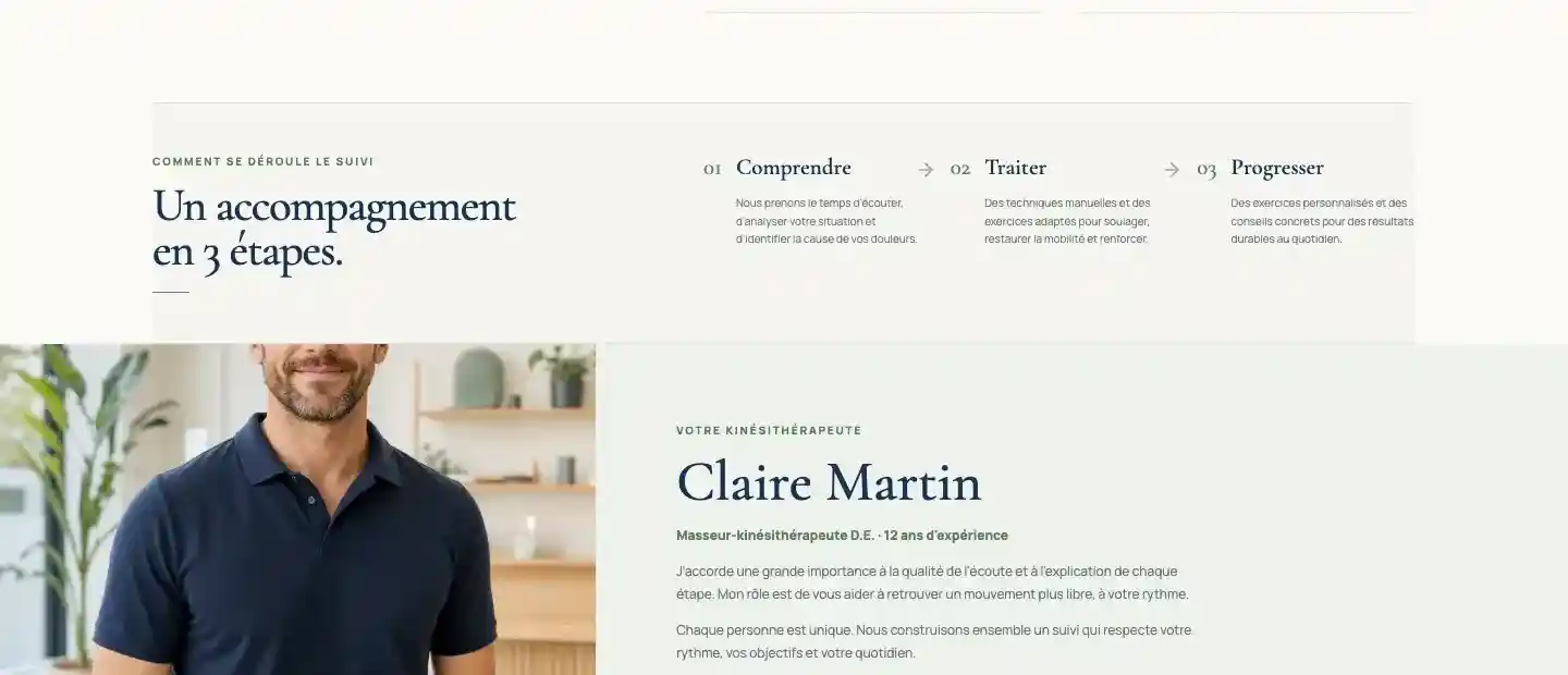 Écran visible : une progression en trois étapes placée entre les spécialités et les informations de contact.