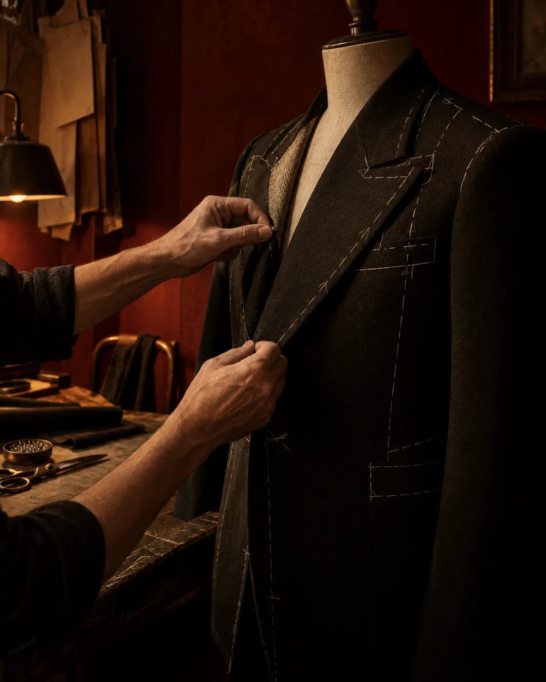 Photographie d’ambiance conceptuelle — tailoring structuré, tons braise