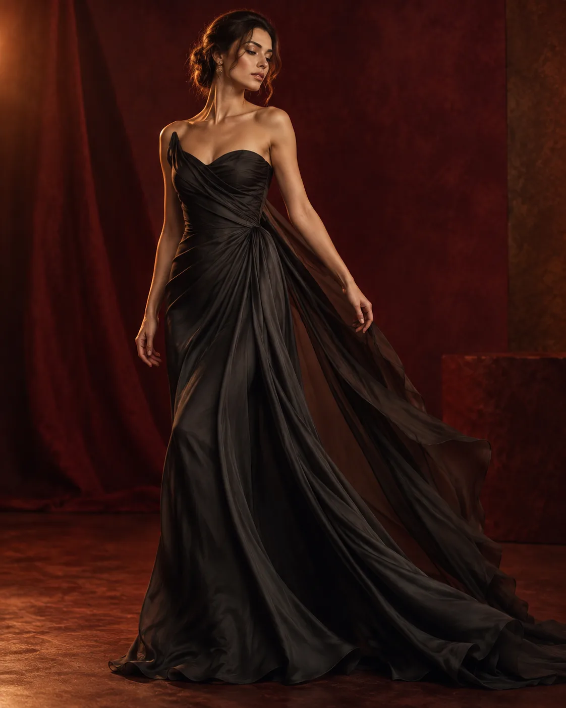 Visuel éditorial conceptuel — robe du soir noire drapée (ambiance, pas un produit REINOX photographié)
