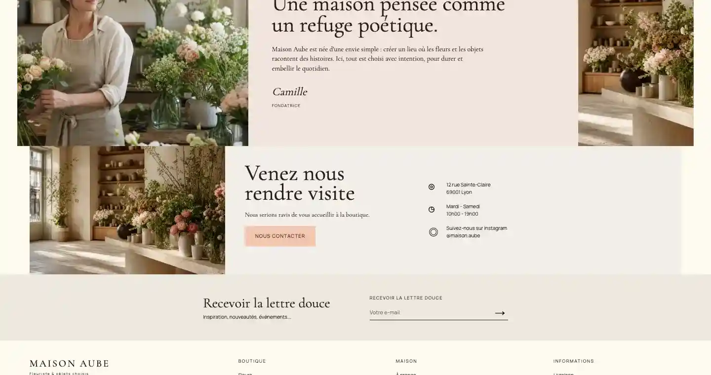Récit, bloc de visite et contact.